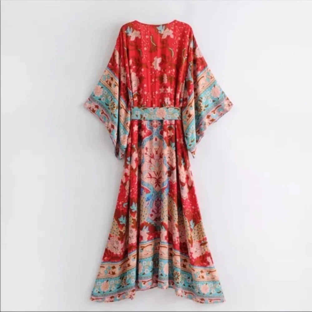 Boho Gypsy Red  Floral Print Midi Kimono Dress Cottagecore - Picture 4 of 10